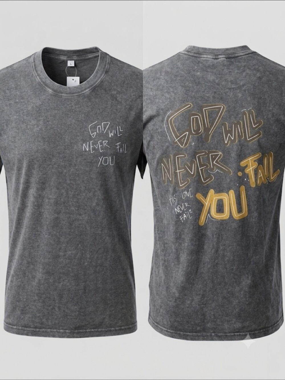 NWT Graphic Tee - "God Will Never Fail You" Vintage Charcoal Grey (S)